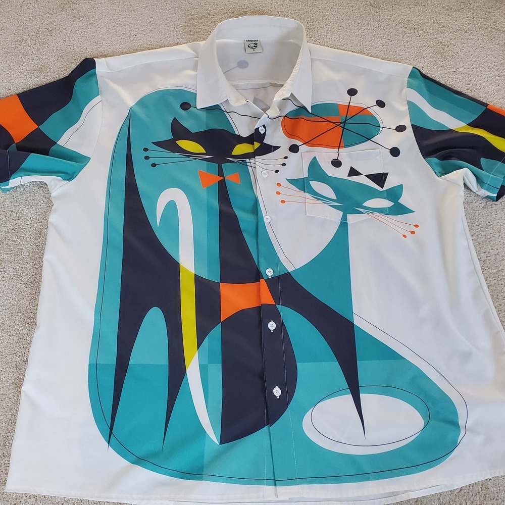 Hardaddy Button Down Shirt Men's XL White Atomic Mid Century Modern Cat Graphic